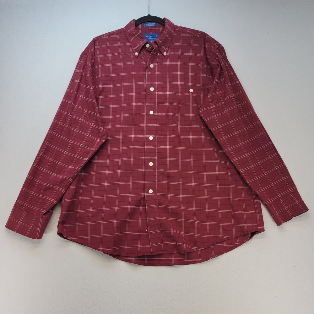 Towncraft Button Down Shirt Mens Large Burgundy Plaid Wrinkle Free Long Sleeve